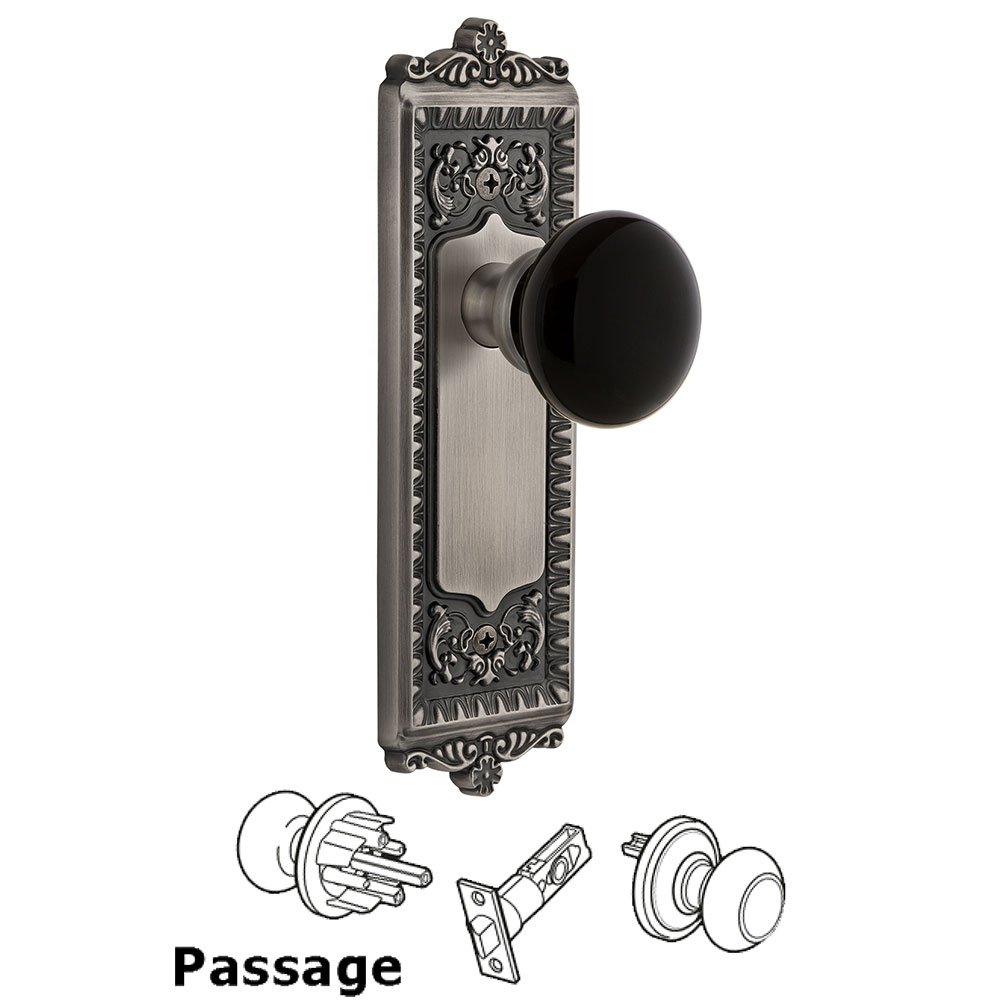 Passage - Windsor Rosette with Black Coventry Porcelain Knob in Antique Pewter