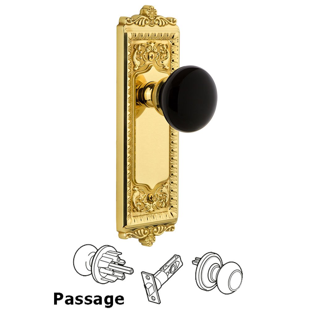 Passage - Windsor Rosette with Black Coventry Porcelain Knob in Polished Brass