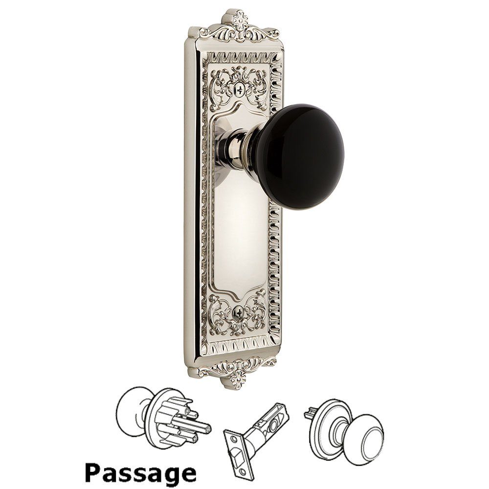 Passage - Windsor Rosette with Black Coventry Porcelain Knob in Polished Nickel