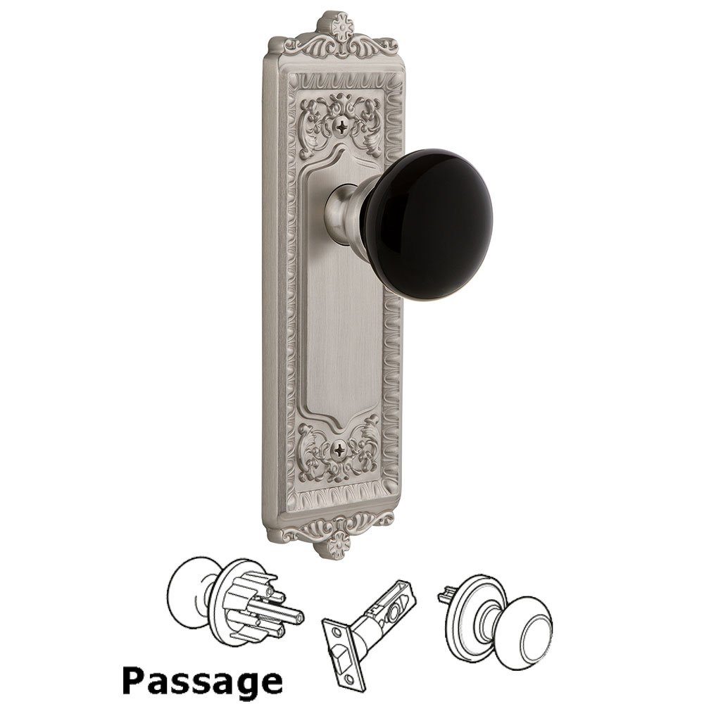 Passage - Windsor Rosette with Black Coventry Porcelain Knob in Satin Nickel
