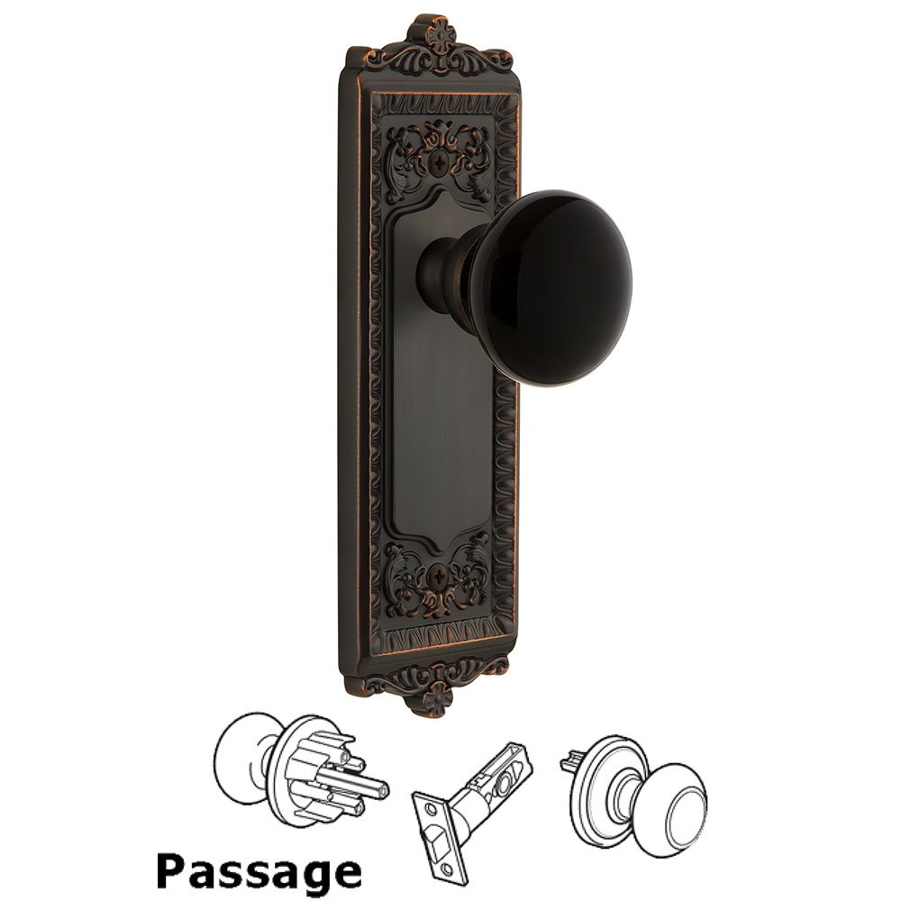 Passage - Windsor Rosette with Black Coventry Porcelain Knob in Timeless Bronze