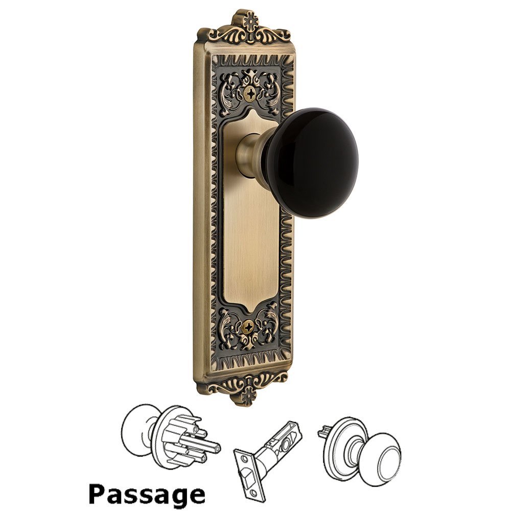 Passage - Windsor Rosette with Black Coventry Porcelain Knob in Vintage Brass