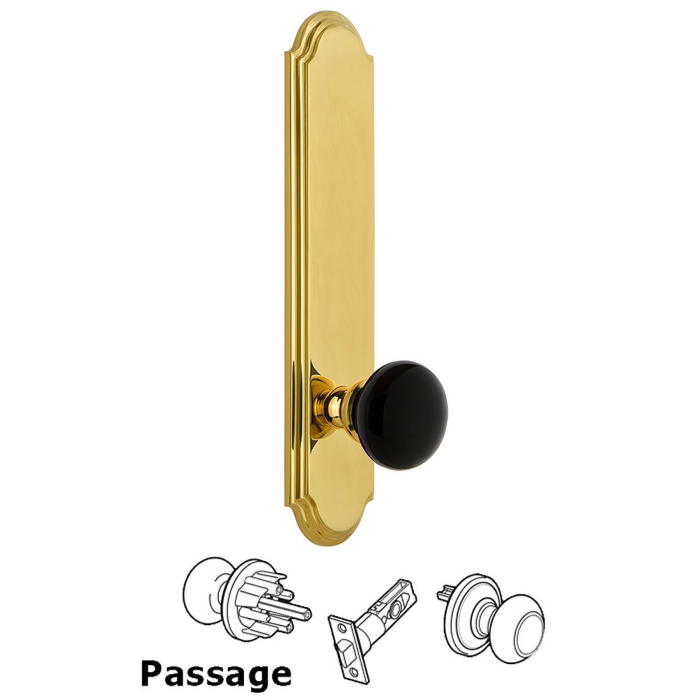 Passage - Arc Rosette with Black Coventry Porcelain Knob in Polished Brass