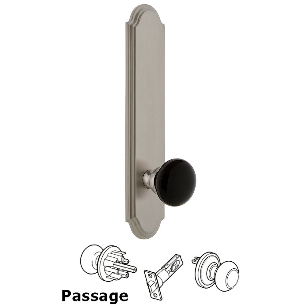 Passage - Arc Rosette with Black Coventry Porcelain Knob in Satin Nickel