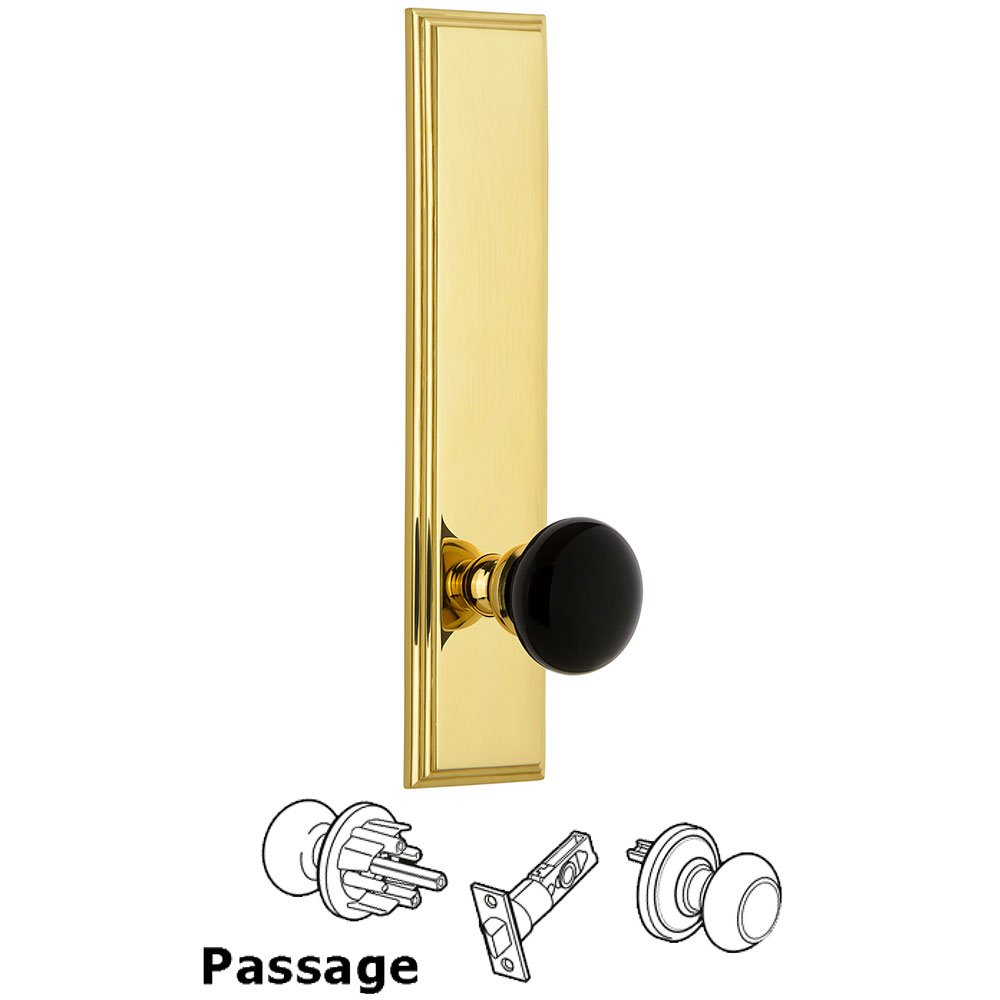 Passage Carre Tall Plate with Black Coventry Porcelain Knob in Polished Brass