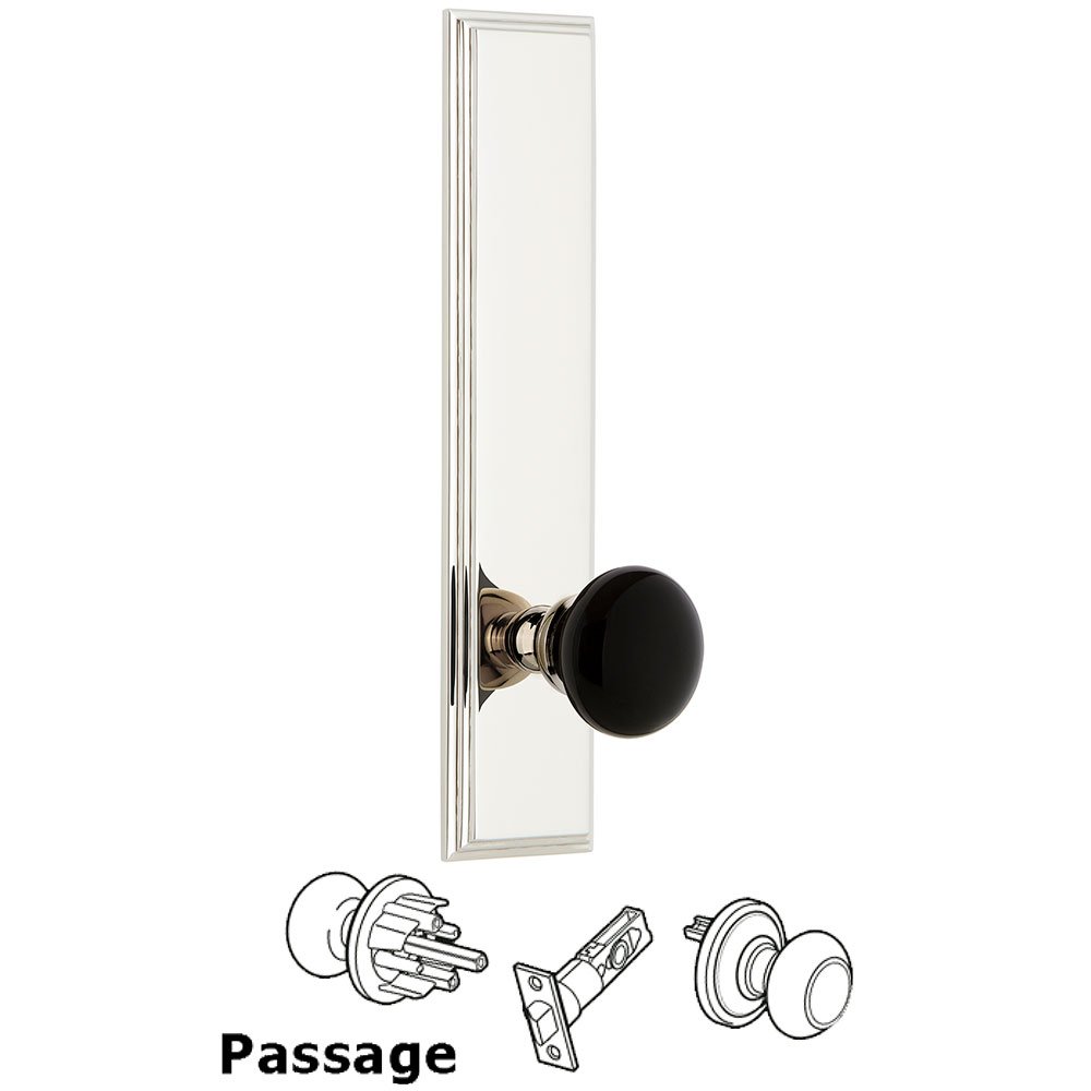 Passage Carre Tall Plate with Black Coventry Porcelain Knob in Polished Nickel