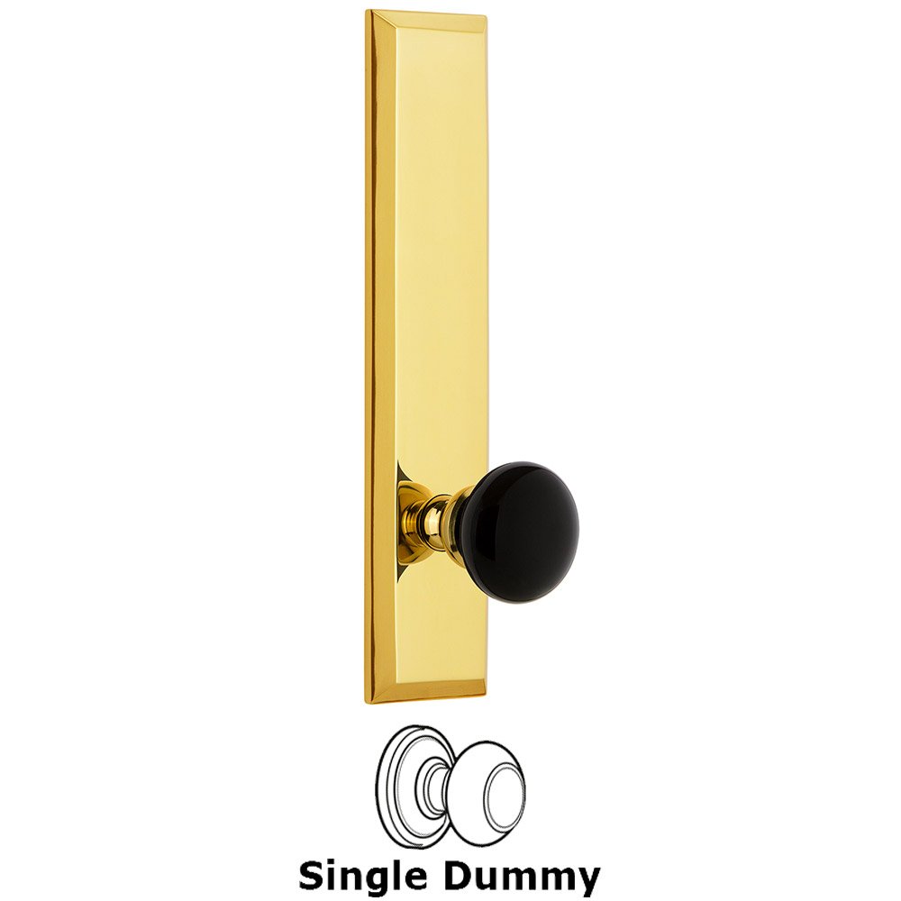 Single Dummy Fifth Avenue Tall Plate with Black Coventry Porcelain Knob in Polished Brass