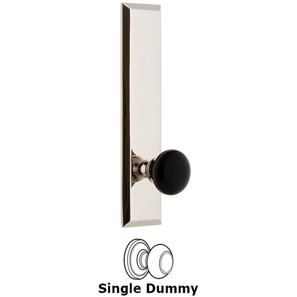 Single Dummy Fifth Avenue Tall Plate with Black Coventry Porcelain Knob in Polished Nickel