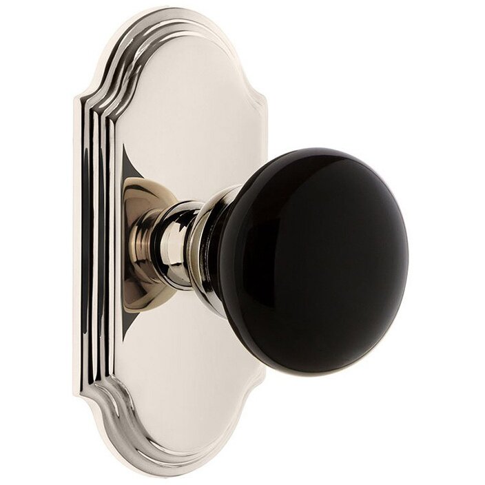 Single Dummy - Arc Rosette with Black Coventry Porcelain Knob in Polished Nickel