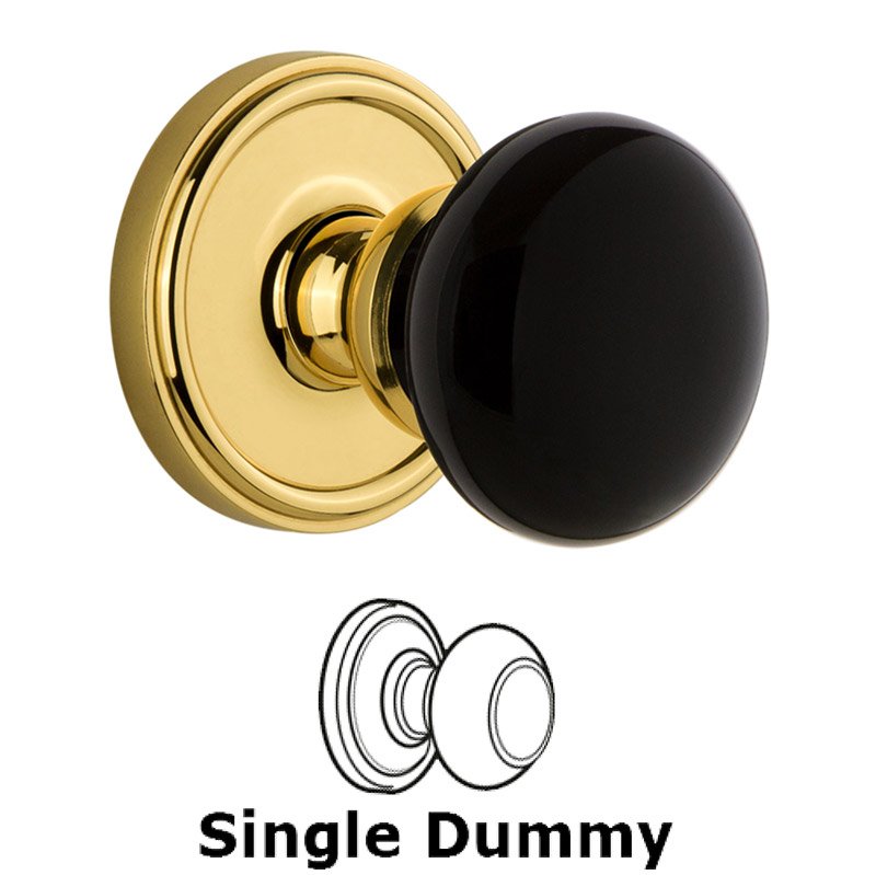Single Dummy - Georgetown Rosette with Black Coventry Porcelain Knob in Polished Brass