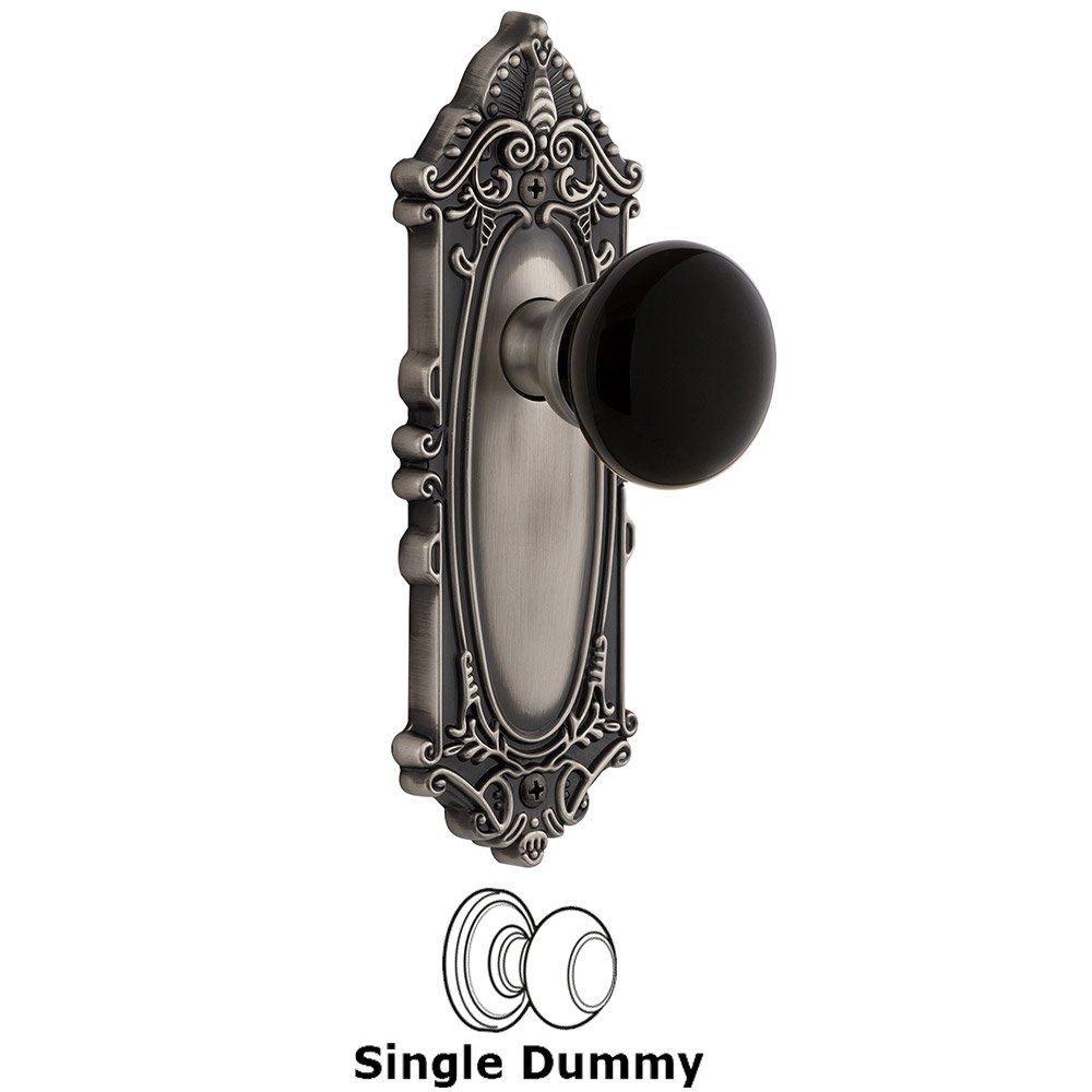 Single Dummy - Grande Victorian Rosette with Black Coventry Porcelain Knob in Antique Pewter
