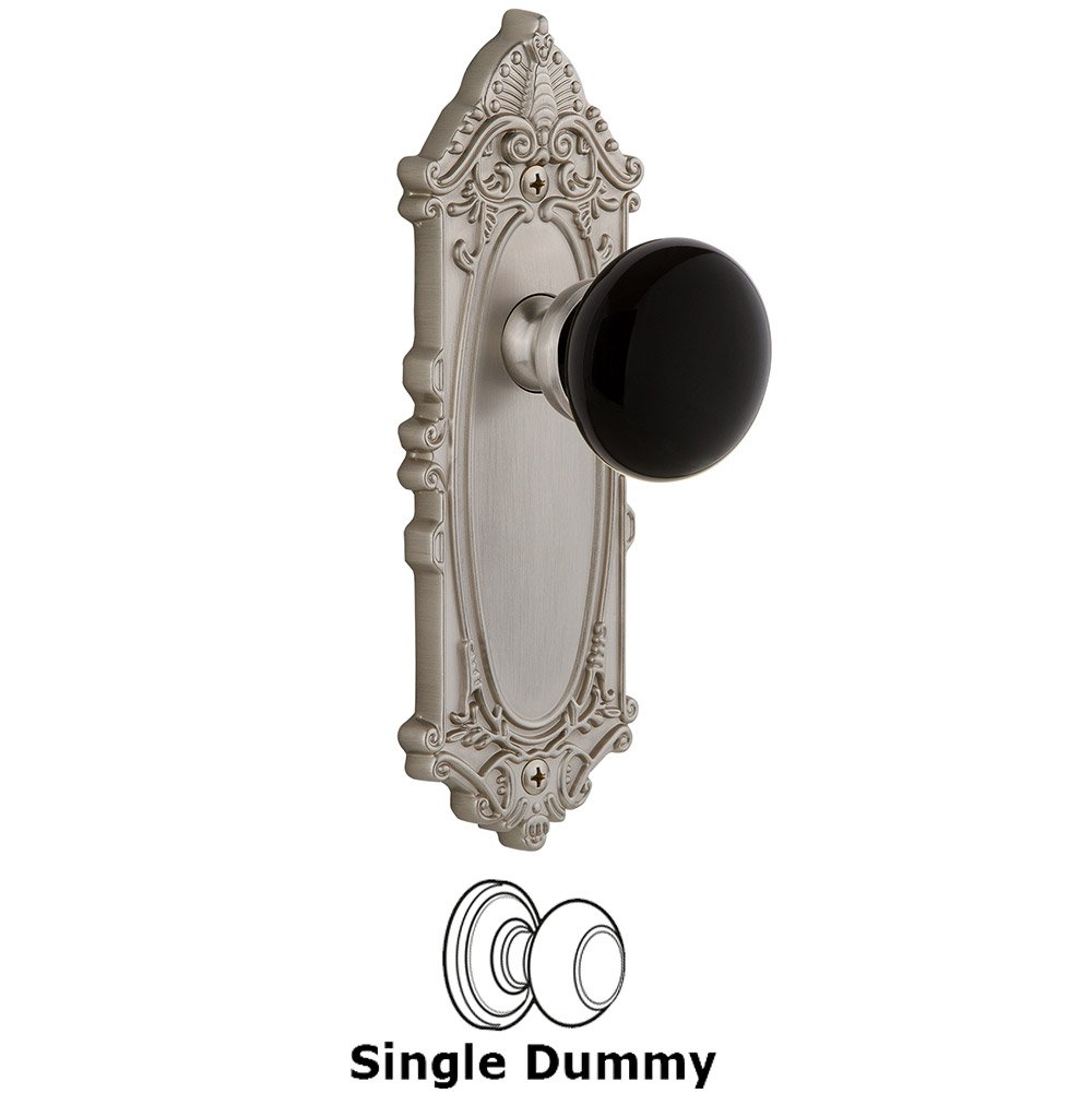 Single Dummy - Grande Victorian Rosette with Black Coventry Porcelain Knob in Satin Nickel