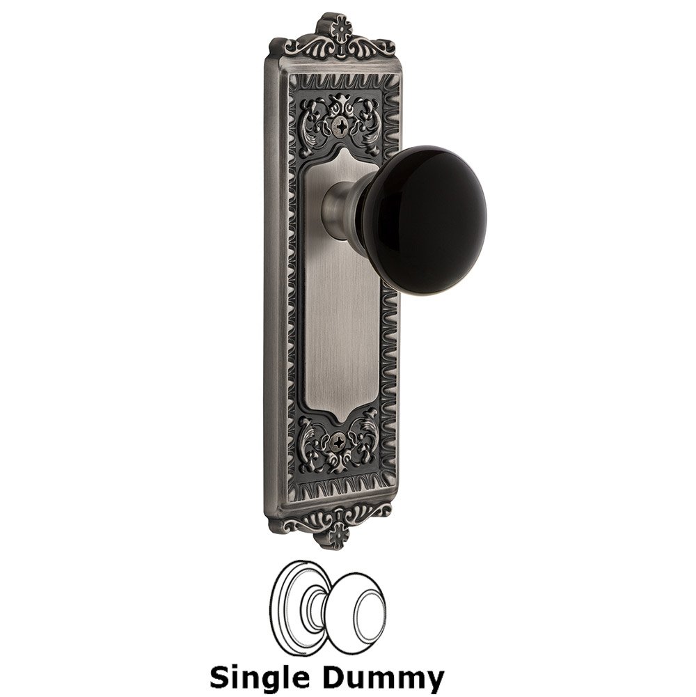 Single Dummy - Windsor Rosette with Black Coventry Porcelain Knob in Antique Pewter