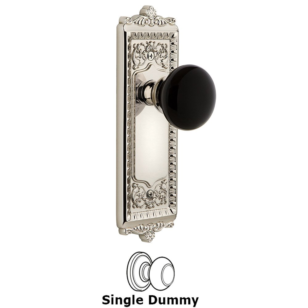 Single Dummy - Windsor Rosette with Black Coventry Porcelain Knob in Polished Nickel