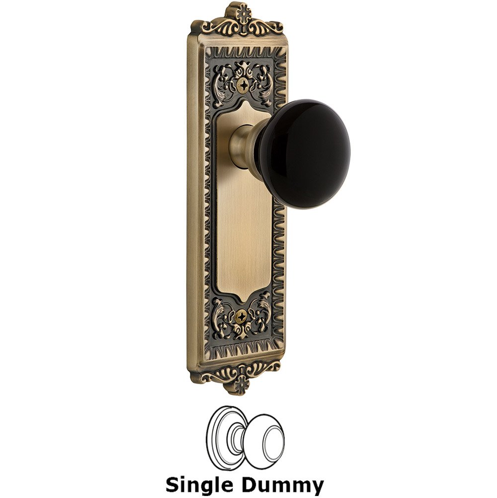 Single Dummy - Windsor Rosette with Black Coventry Porcelain Knob in Vintage Brass