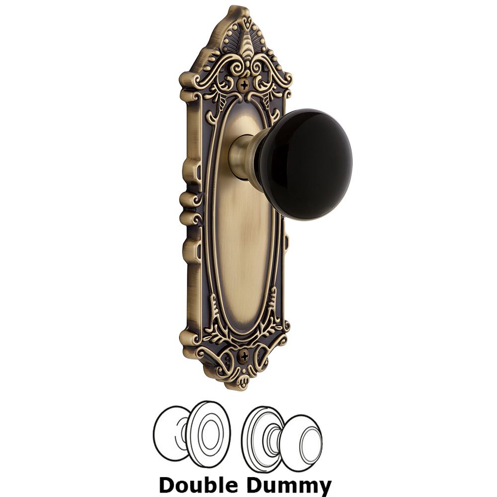 Double Dummy - Grande Victorian Rosette with Black Coventry Porcelain Knob in Vintage Brass