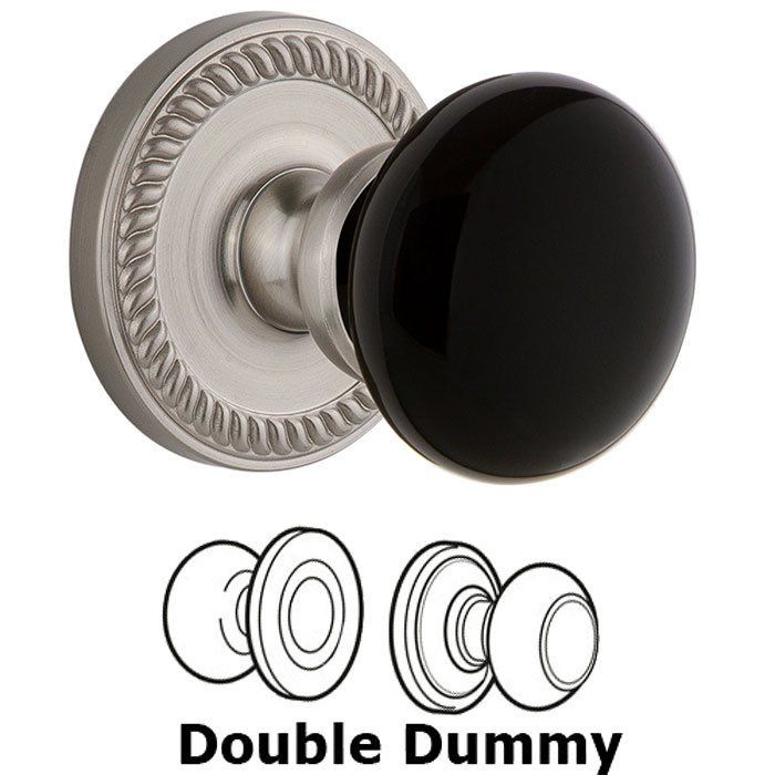 Double Dummy - Newport Rosette with Black Coventry Porcelain Knob in Satin Nickel