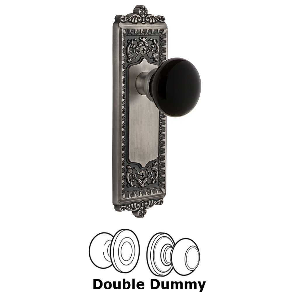 Double Dummy - Windsor Rosette with Black Coventry Porcelain Knob in Antique Pewter