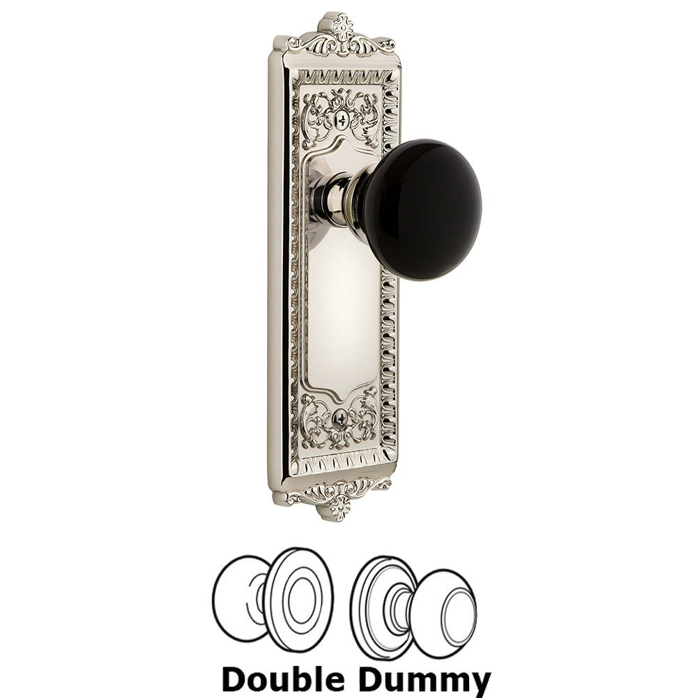 Double Dummy - Windsor Rosette with Black Coventry Porcelain Knob in Polished Nickel