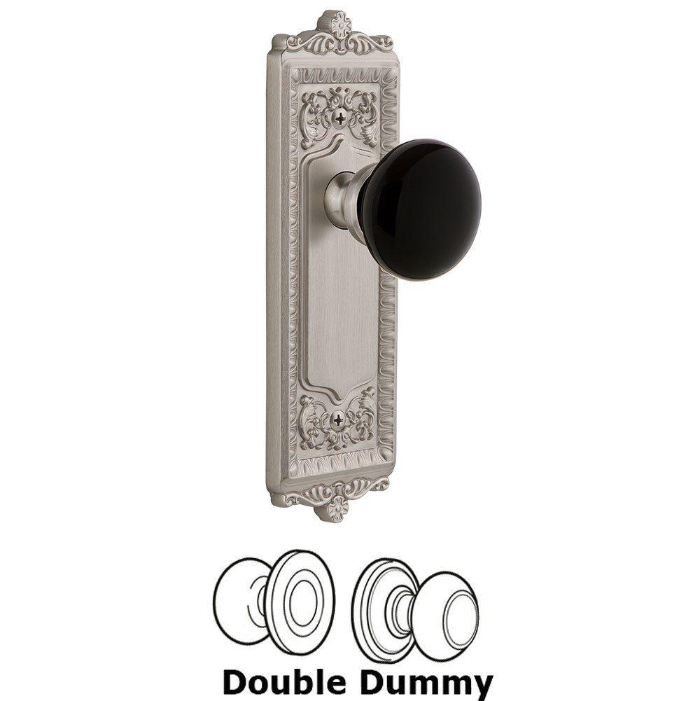 Double Dummy - Windsor Rosette with Black Coventry Porcelain Knob in Satin Nickel