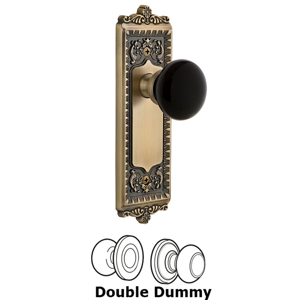 Double Dummy - Windsor Rosette with Black Coventry Porcelain Knob in Vintage Brass