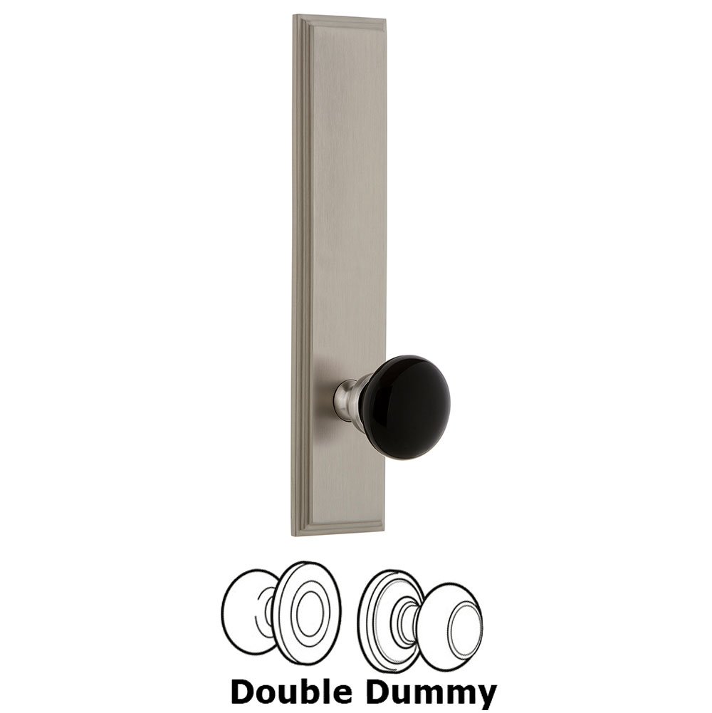 Double Dummy Carre Tall Plate with Black Coventry Porcelain Knob in Satin Nickel