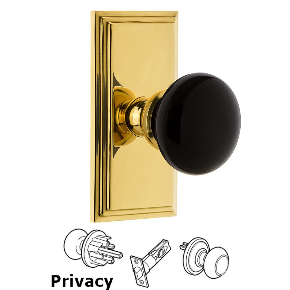 Privacy - Carre Rosette with Black Coventry Porcelain Knob in Polished Brass