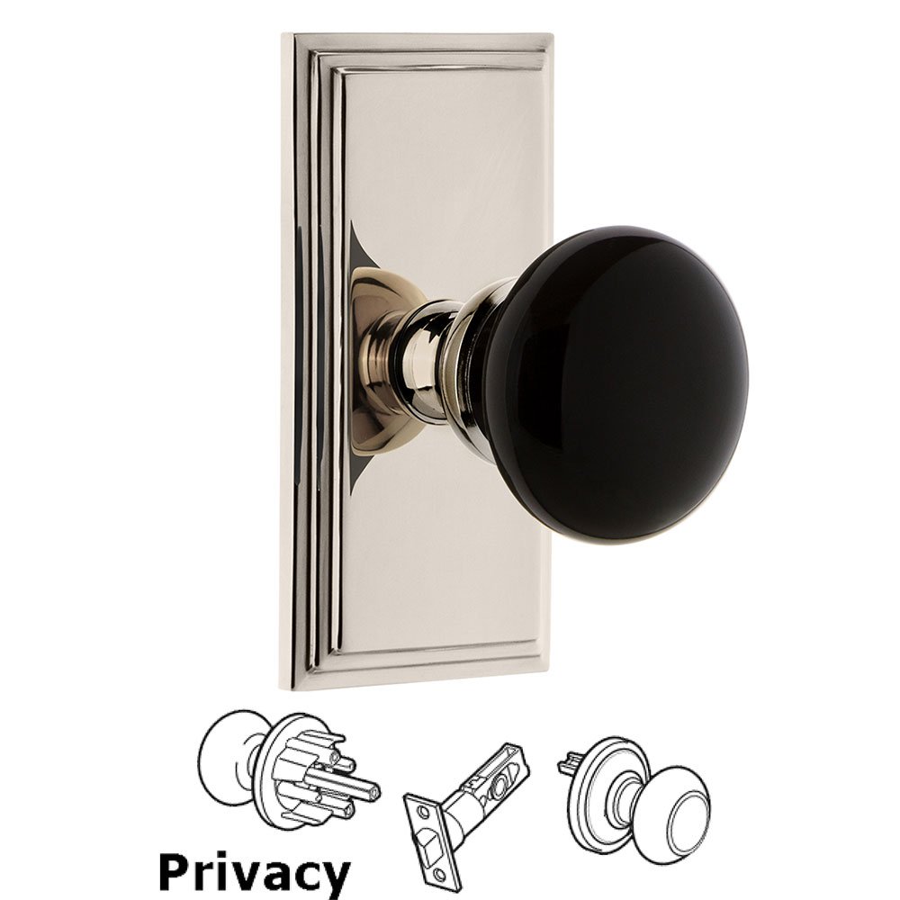 Privacy - Carre Rosette with Black Coventry Porcelain Knob in Polished Nickel