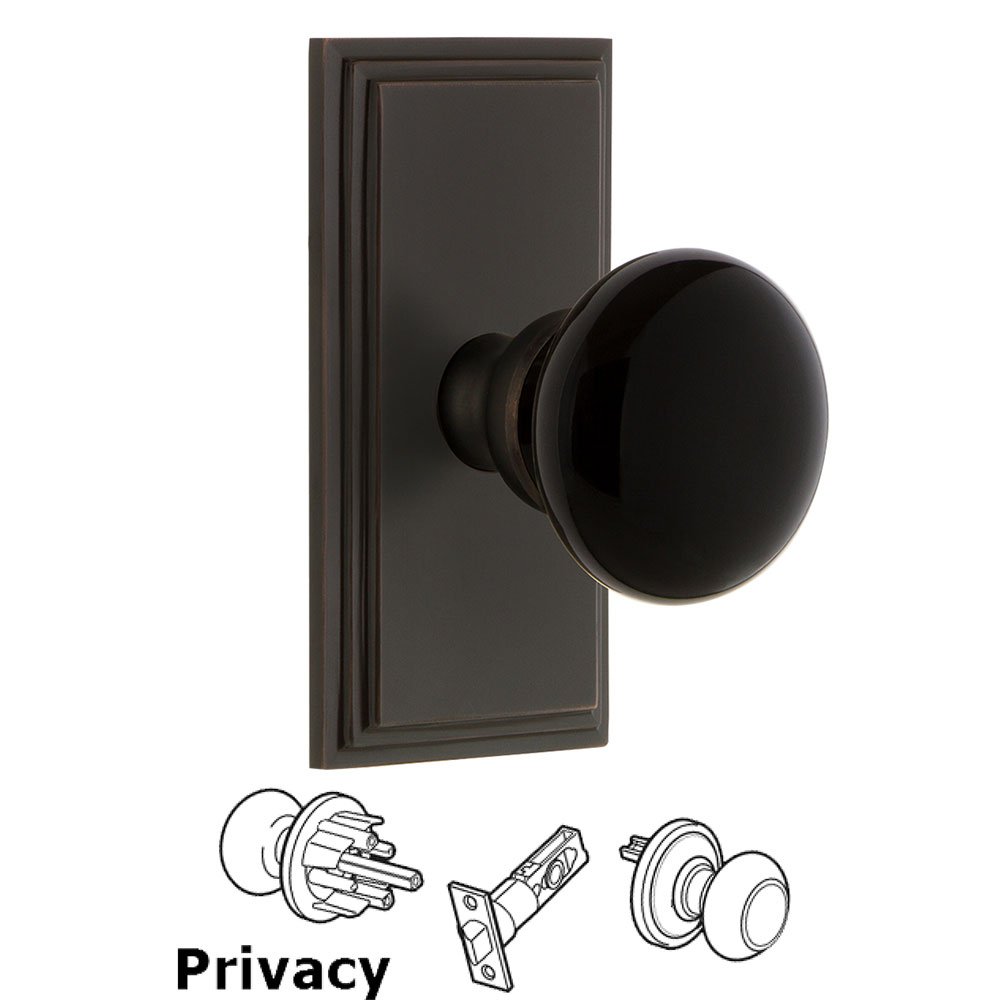 Privacy - Carre Rosette with Black Coventry Porcelain Knob in Timeless Bronze