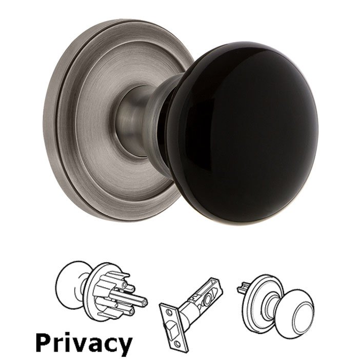 Privacy - Circulaire Rosette with Black Coventry Porcelain Knob in Antique Pewter