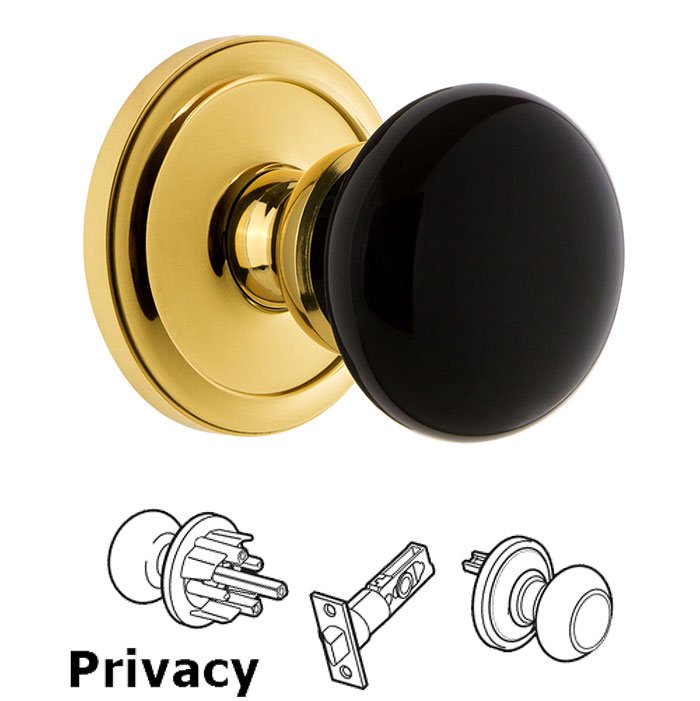 Privacy - Circulaire Rosette with Black Coventry Porcelain Knob in Lifetime Brass