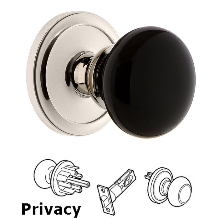 Privacy - Circulaire Rosette with Black Coventry Porcelain Knob in Polished Nickel