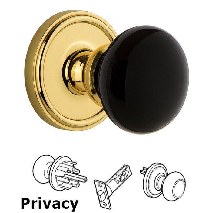 Privacy - Georgetown Rosette with Black Coventry Porcelain Knob in Polished Brass