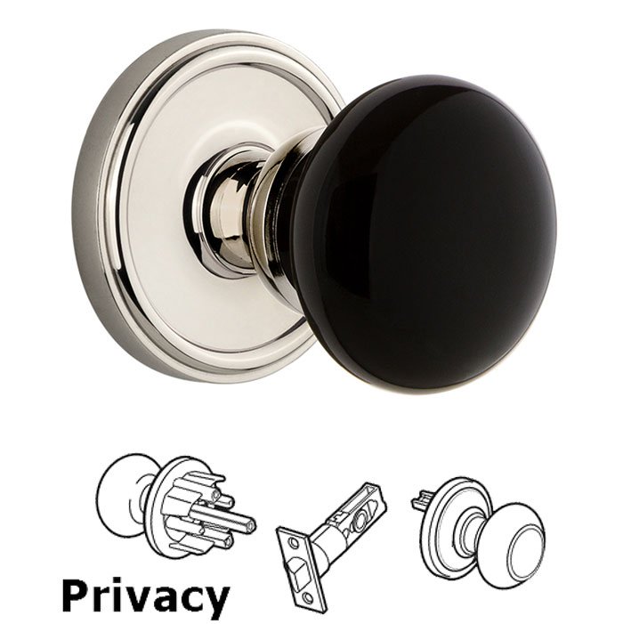 Privacy - Georgetown Rosette with Black Coventry Porcelain Knob in Polished Nickel