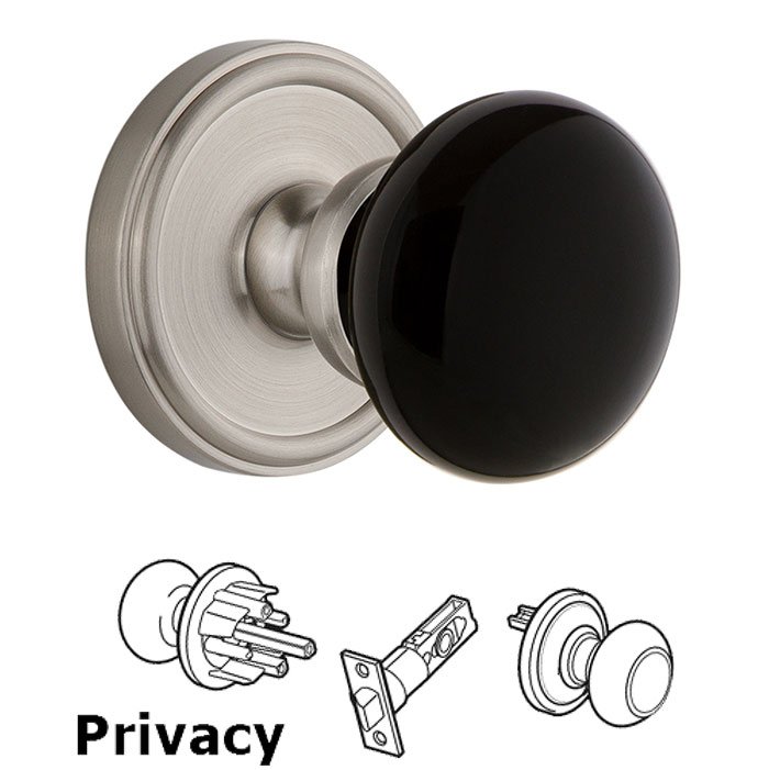 Privacy - Georgetown Rosette with Black Coventry Porcelain Knob in Satin Nickel