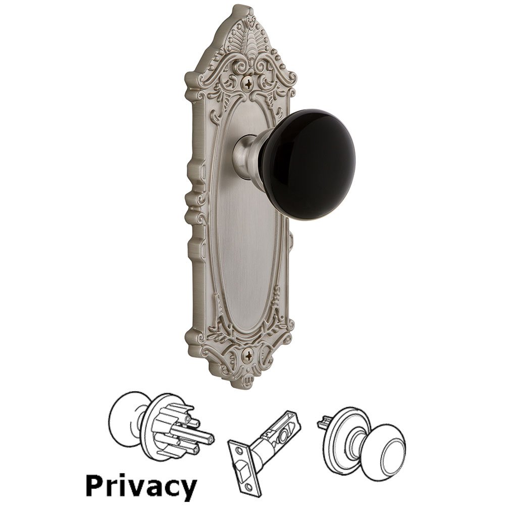 Privacy - Grande Victorian Rosette with Black Coventry Porcelain Knob in Satin Nickel