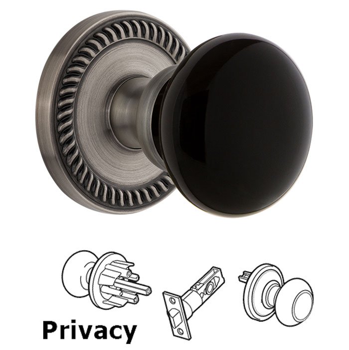 Privacy - Newport Rosette with Black Coventry Porcelain Knob in Antique Pewter