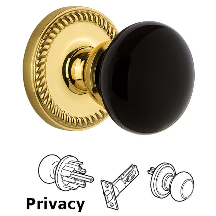 Privacy - Newport Rosette with Black Coventry Porcelain Knob in Lifetime Brass
