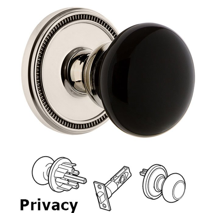 Privacy - Soleil Rosette with Black Coventry Porcelain Knob in Polished Nickel