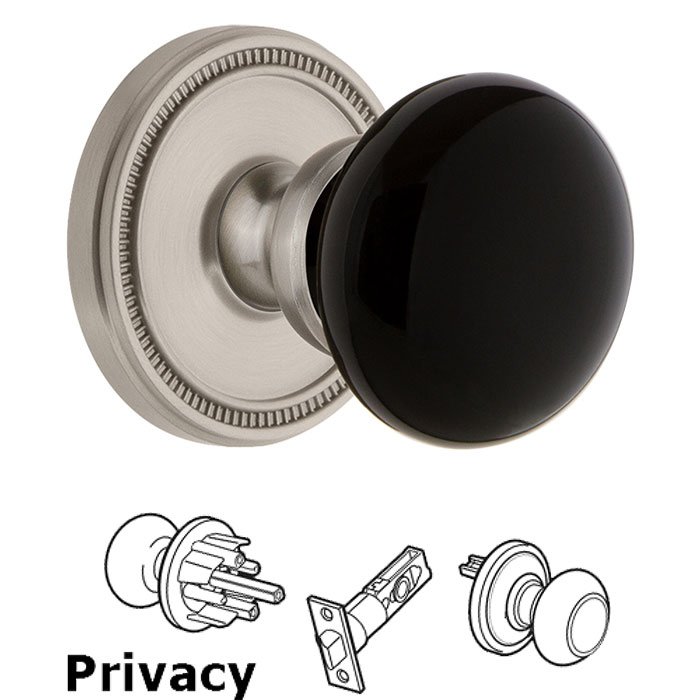 Privacy - Soleil Rosette with Black Coventry Porcelain Knob in Satin Nickel