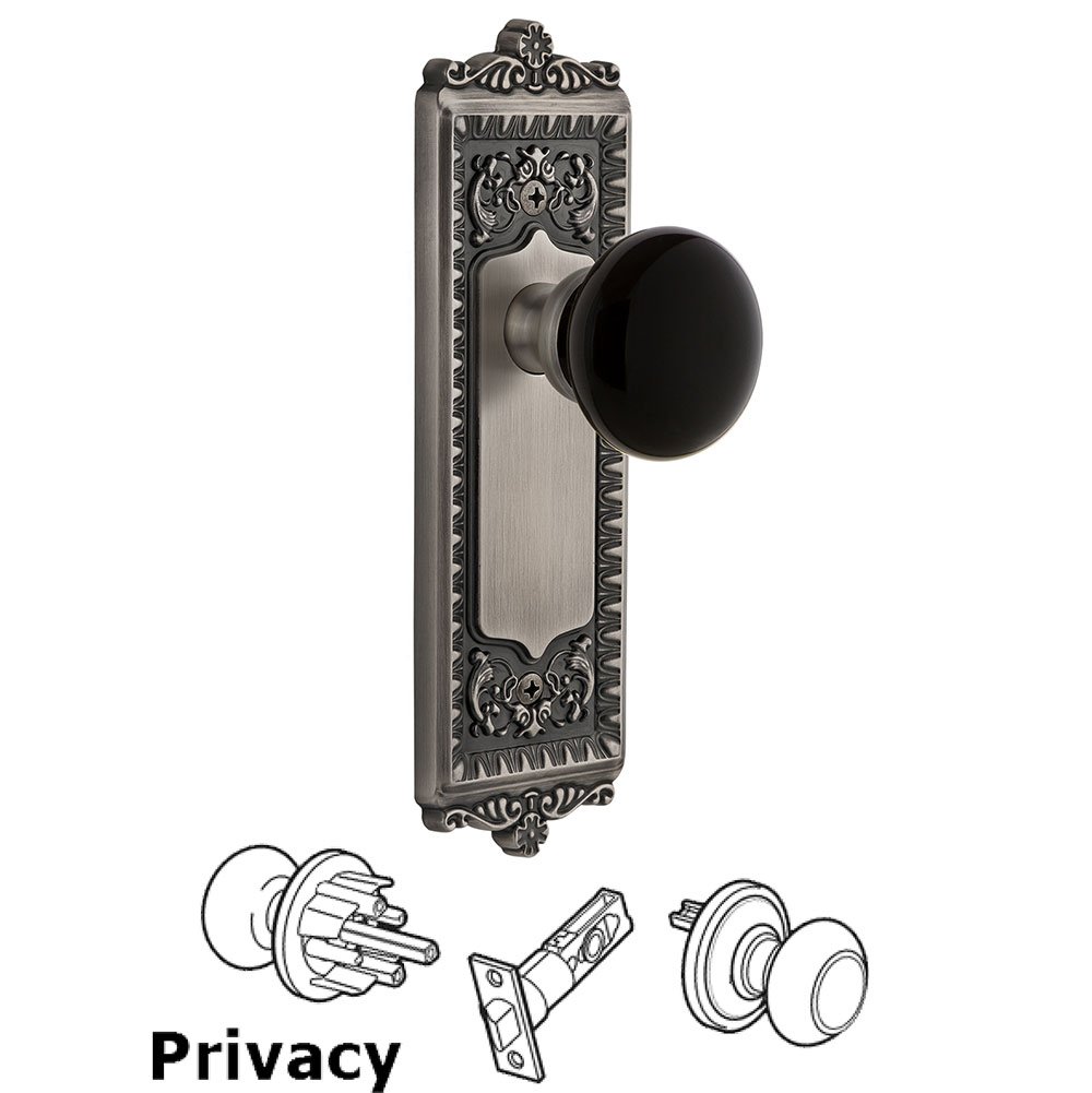 Privacy - Windsor Rosette with Black Coventry Porcelain Knob in Antique Pewter
