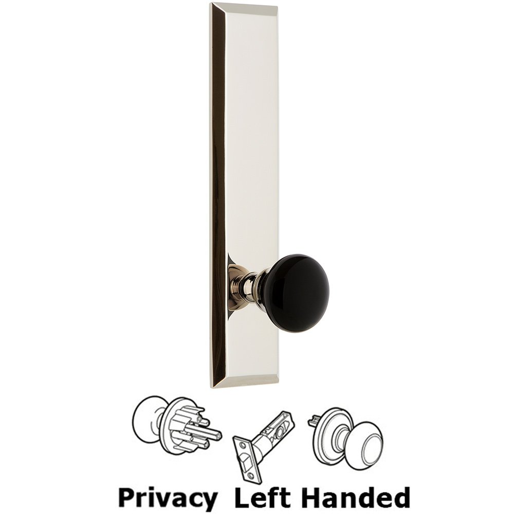 Privacy Fifth Avenue Tall Plate with Black Coventry Porcelain Knob in Polished Nickel