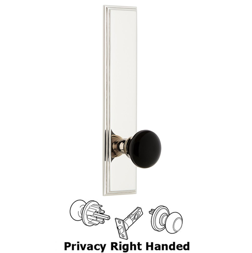 Privacy Carre Tall Plate with Black Coventry Porcelain Knob in Polished Nickel