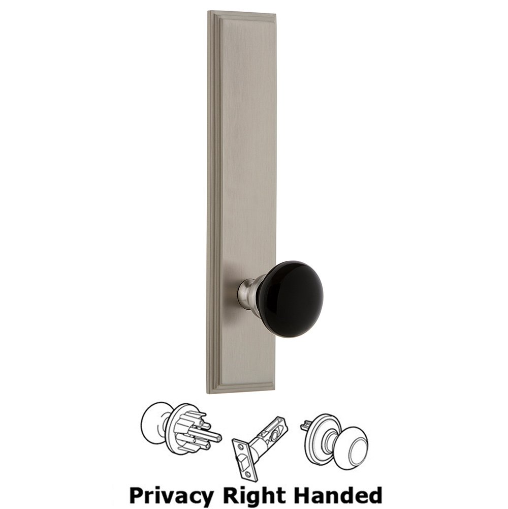 Privacy Carre Tall Plate with Black Coventry Porcelain Knob in Satin Nickel
