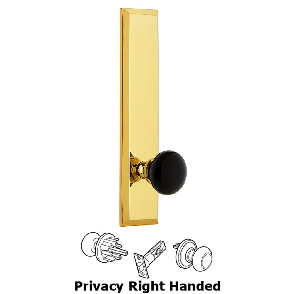 Privacy Fifth Avenue Tall Plate with Black Coventry Porcelain Knob in Polished Brass