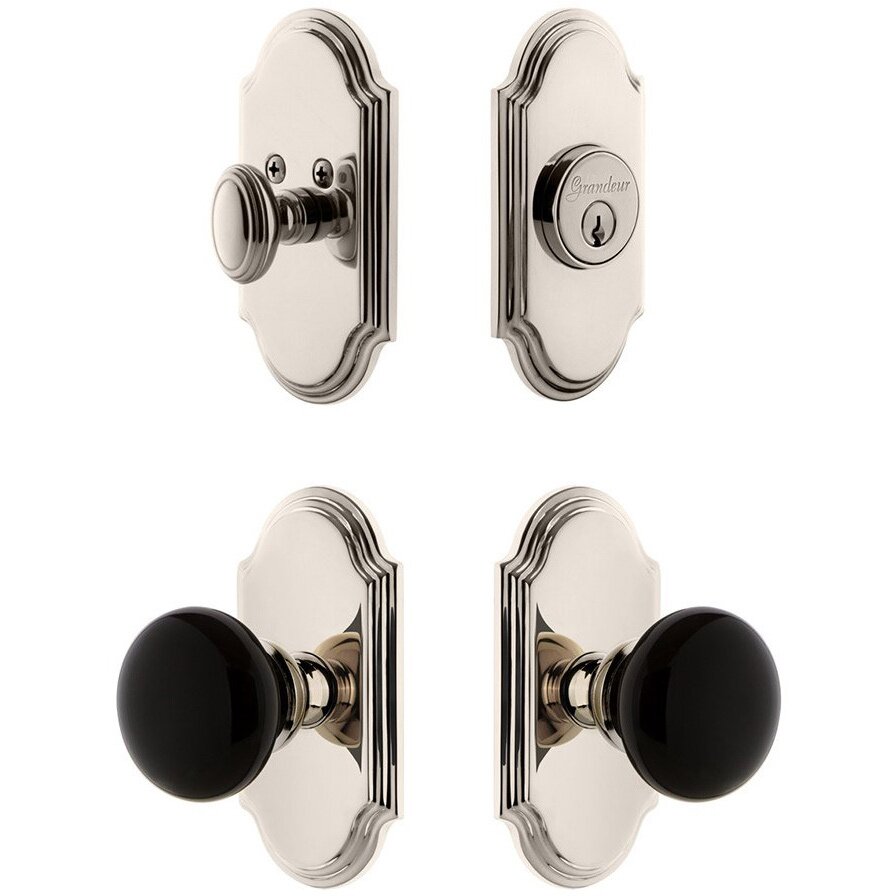 Arc Plate with Coventry Knob and matching Deadbolt in Polished Nickel