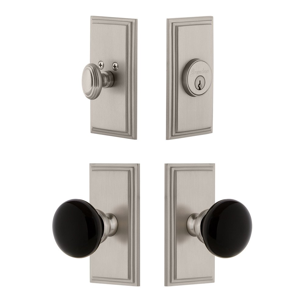 Carre Plate with Coventry Knob and matching Deadbolt in Satin Nickel