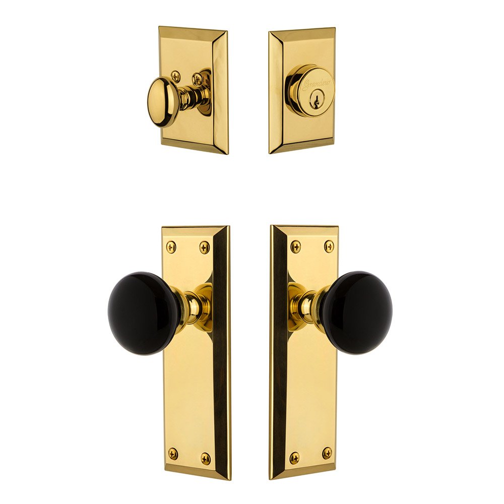 Fifth Avenue Plate with Coventry Knob and matching Deadbolt in Lifetime Brass