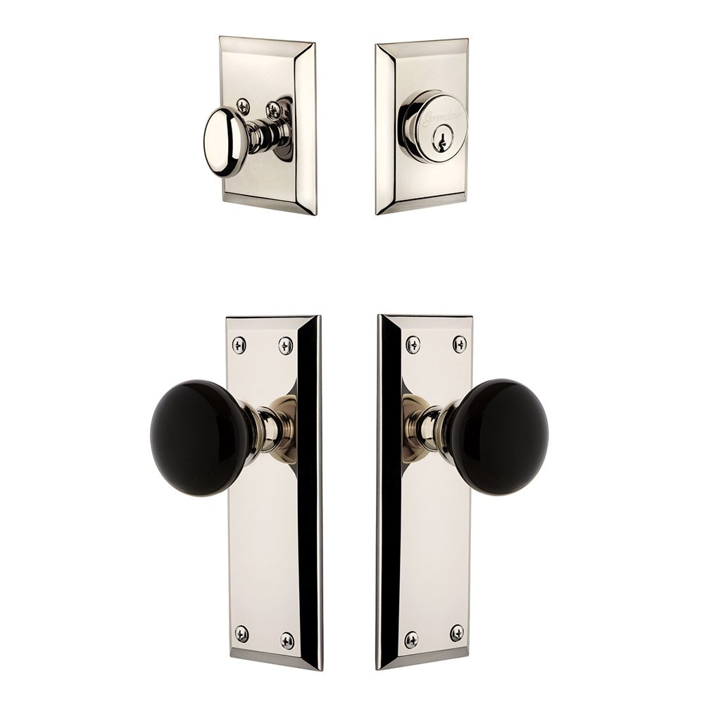 Fifth Avenue Plate with Coventry Knob and matching Deadbolt in Polished Nickel