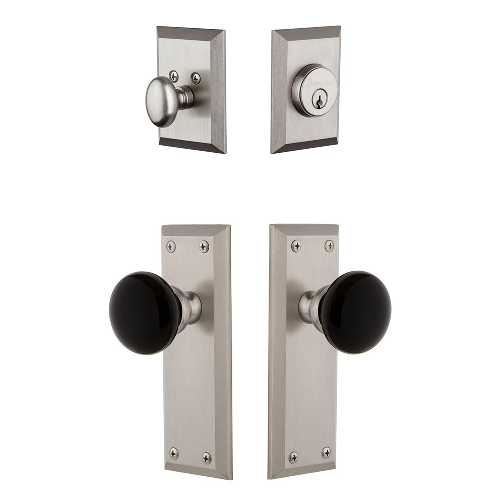 Fifth Avenue Plate with Coventry Knob and matching Deadbolt in Satin Nickel